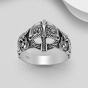 925 Sterling Silver Oxidized Warrior Mask and Celtic Viking Ring NEW